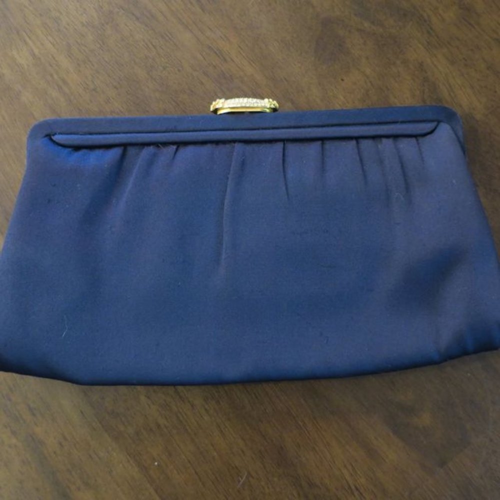Vintage MM (Morris Moskowitz) Black Satin Clutch with Rhinestone Clasp
